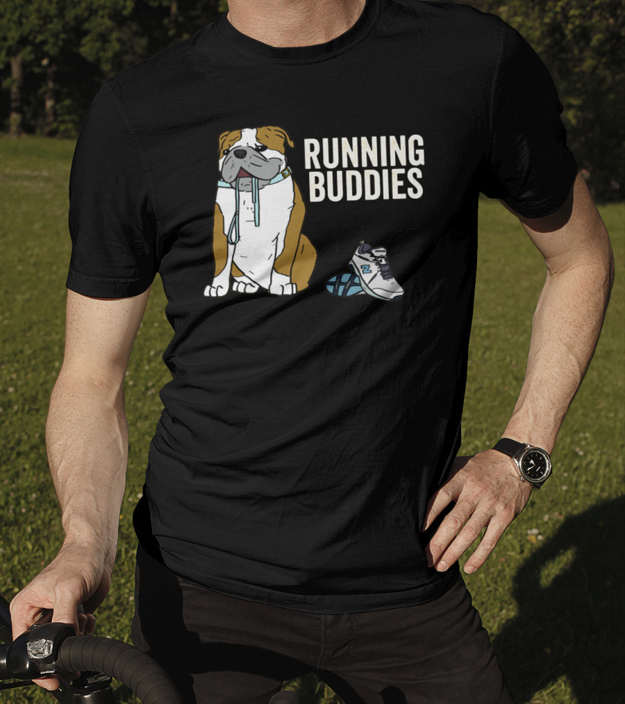 Bulldog And Sneakers Running Buddies With Leash And Shoe Companion T-Shirt