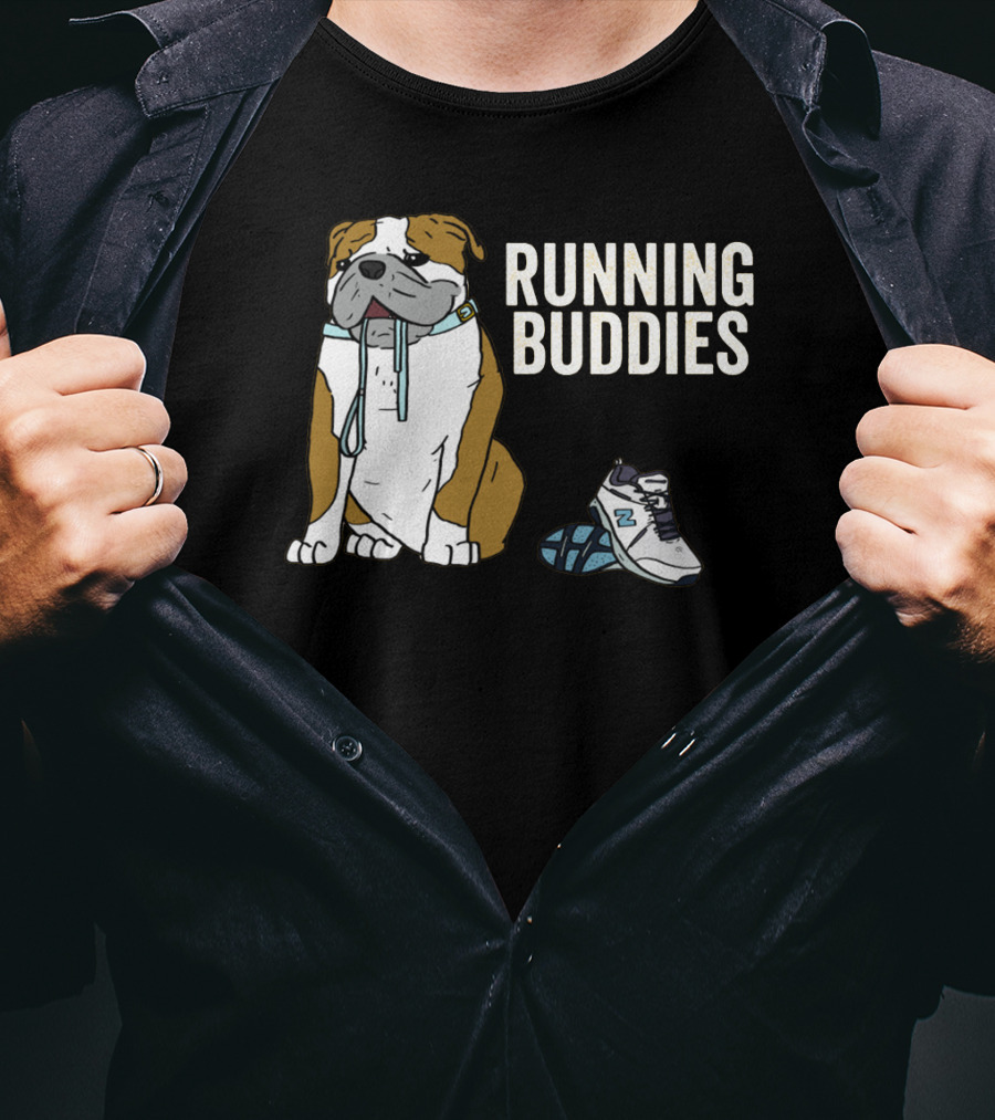 Bulldog And Sneakers Running Buddies With Leash And Shoe Companion T-Shirt