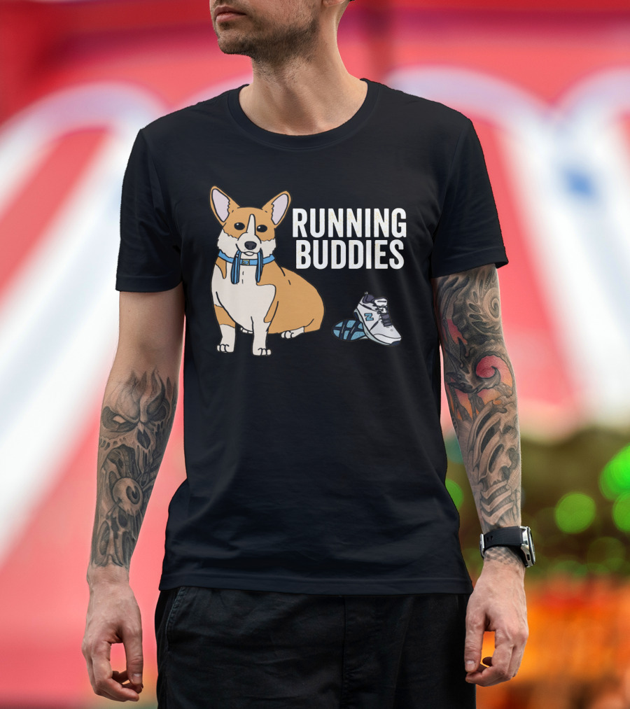 Corgi Running Buddies with Sneakers and Blue Collar T-Shirt
