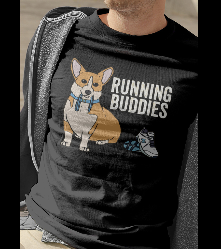 Corgi Running Buddies With Sneakers And Blue Collar T-Shirt