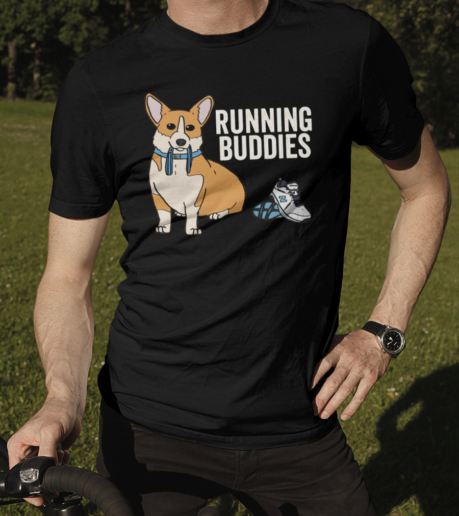 Corgi Running Buddies With Sneakers And Blue Collar T-Shirt