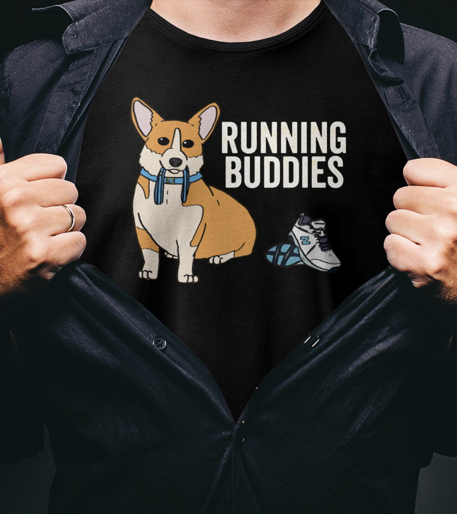 Corgi Running Buddies With Sneakers And Blue Collar T-Shirt