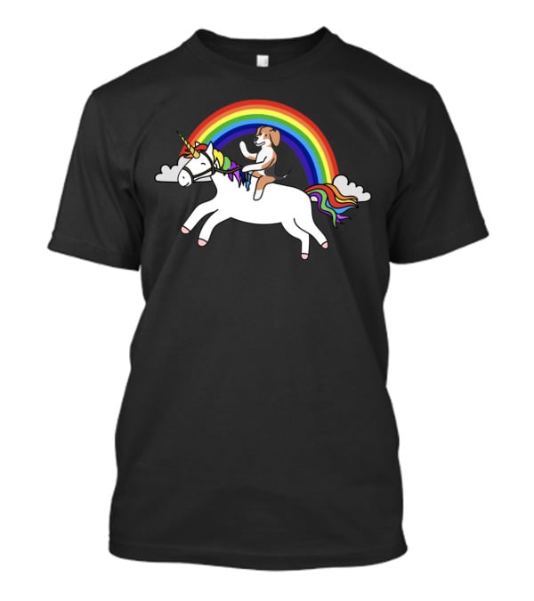 Beagle Riding Unicorn Under Rainbow With Clouds T-Shirt