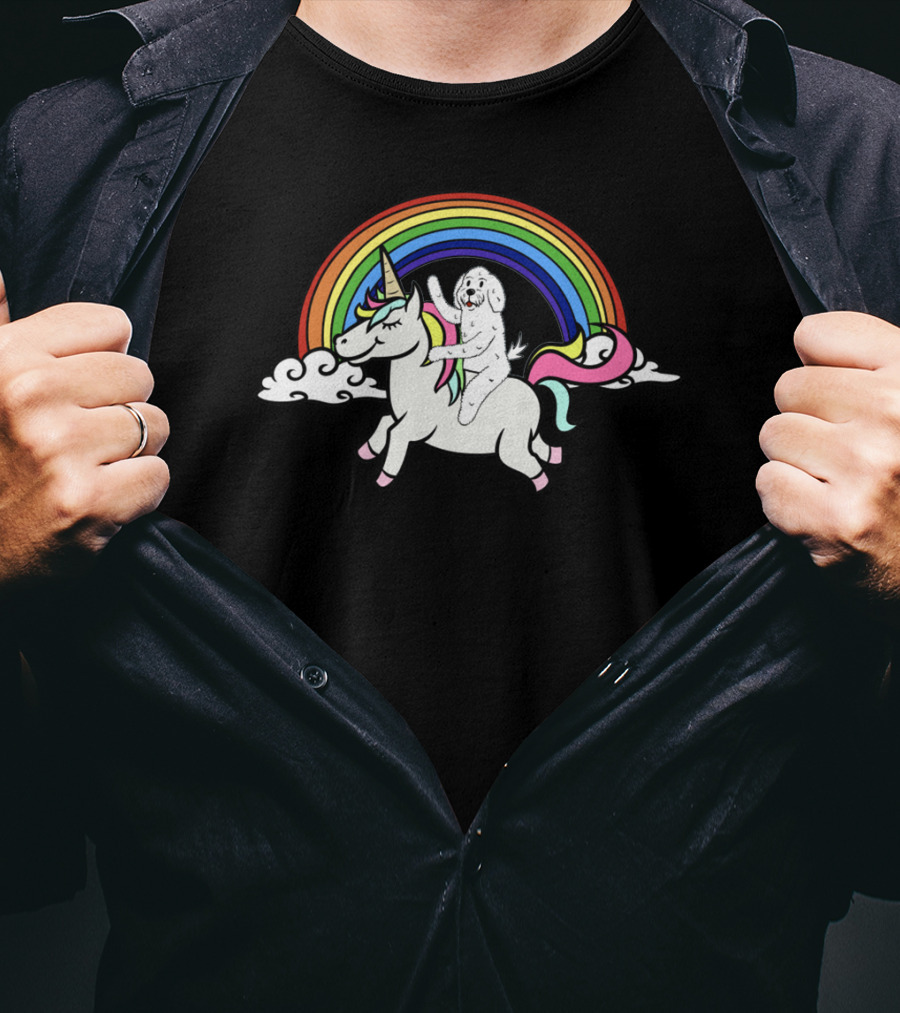 Bichon Frise Riding Unicorn With Rainbow Background And Fluffy Clouds T-Shirt