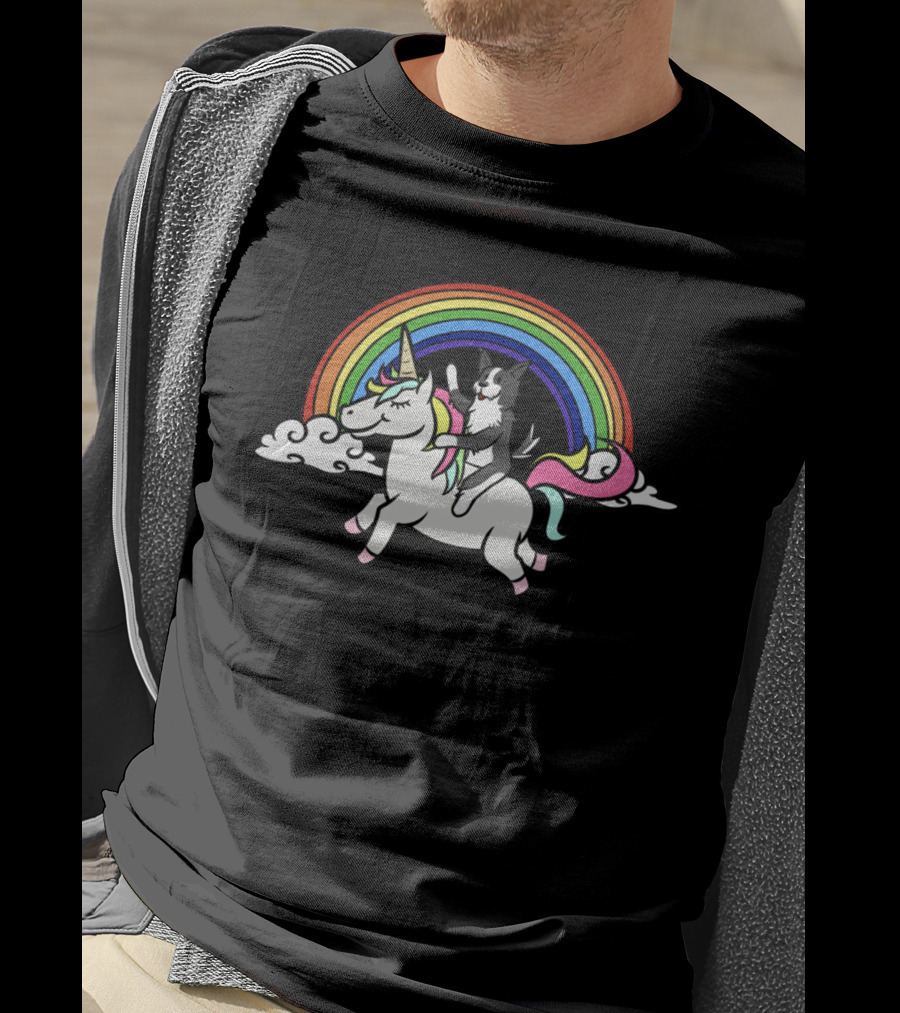 Border Collie Riding Unicorn With Colorful Rainbow T-Shirt