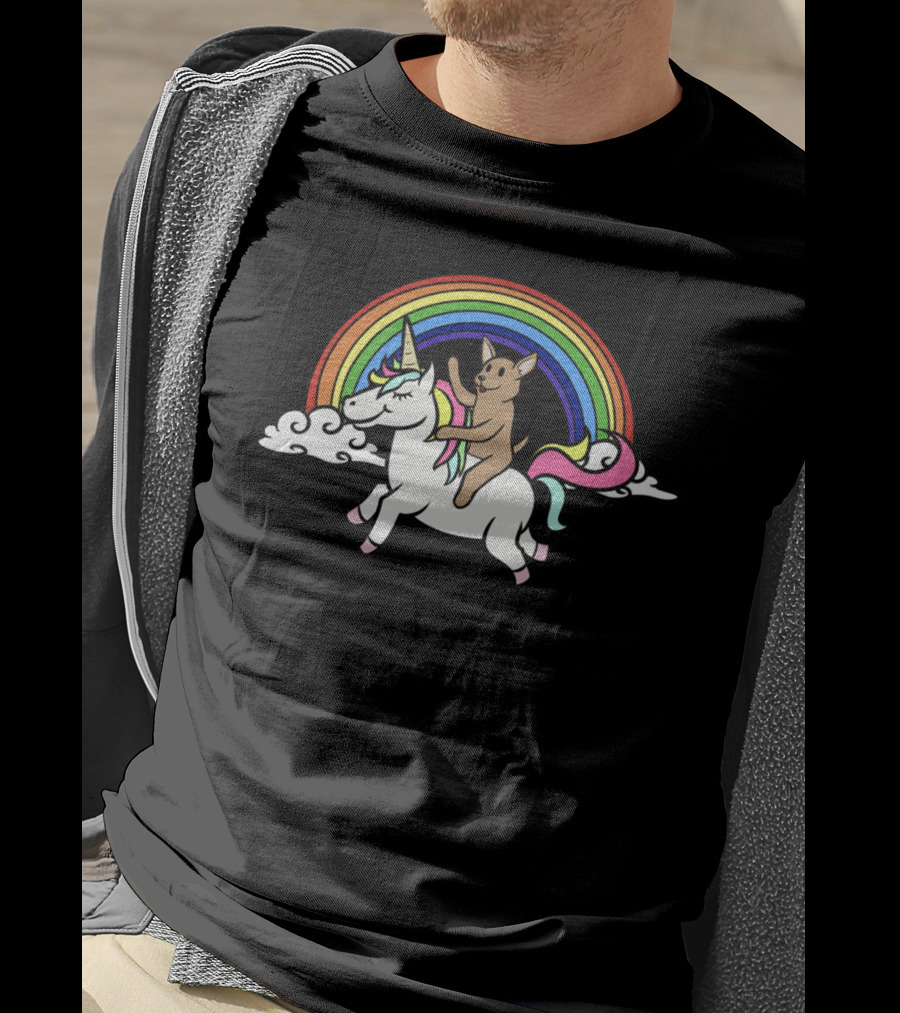 Chihuahua Joyfully Riding Unicorn Under Vibrant Rainbow T-Shirt