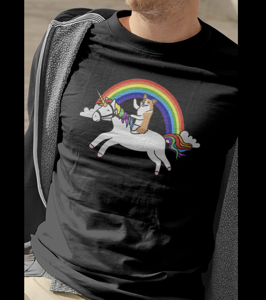 Corgi Riding Unicorn With Rainbow Arch And Cloud Elements T-Shirt