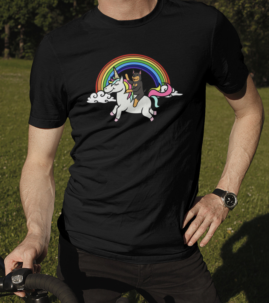 Doberman Riding Unicorn With Rainbow In Clouds T-Shirt