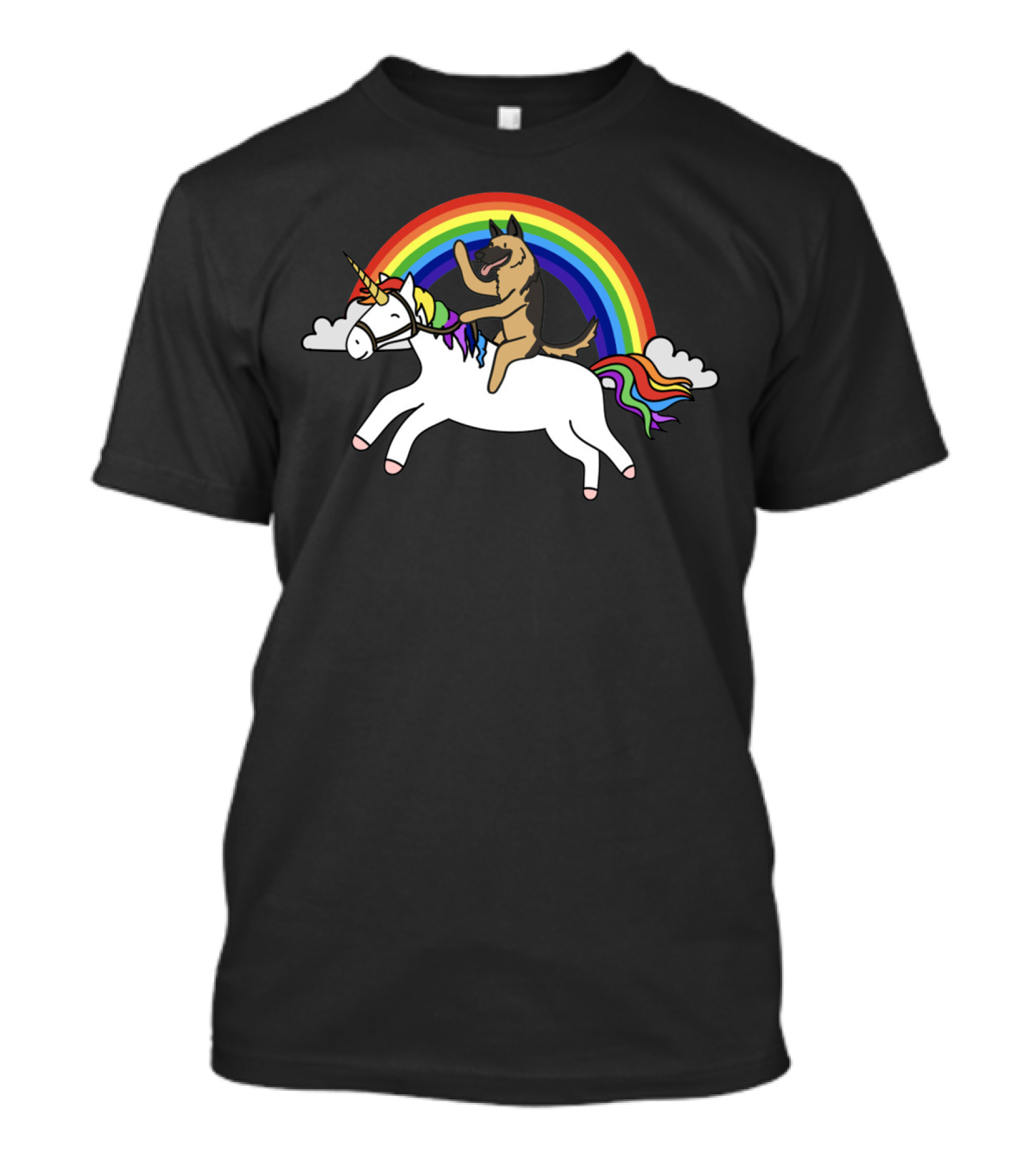 German Shepherd Joyfully Riding A Rainbow Unicorn With Clouds T-Shirt