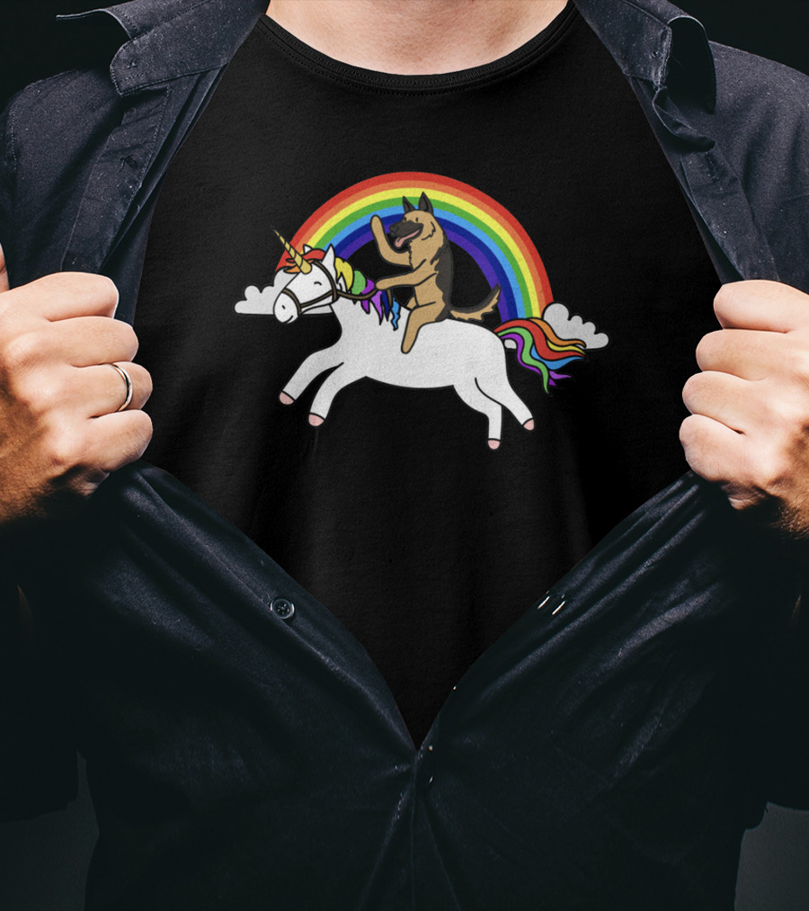 German Shepherd Joyfully Riding A Rainbow Unicorn With Clouds T-Shirt