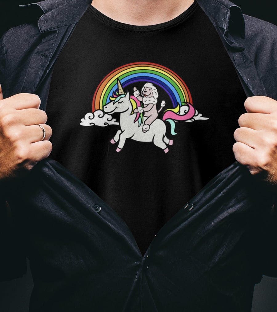 Poodle Riding Unicorn Under Rainbow Clouds T-Shirt