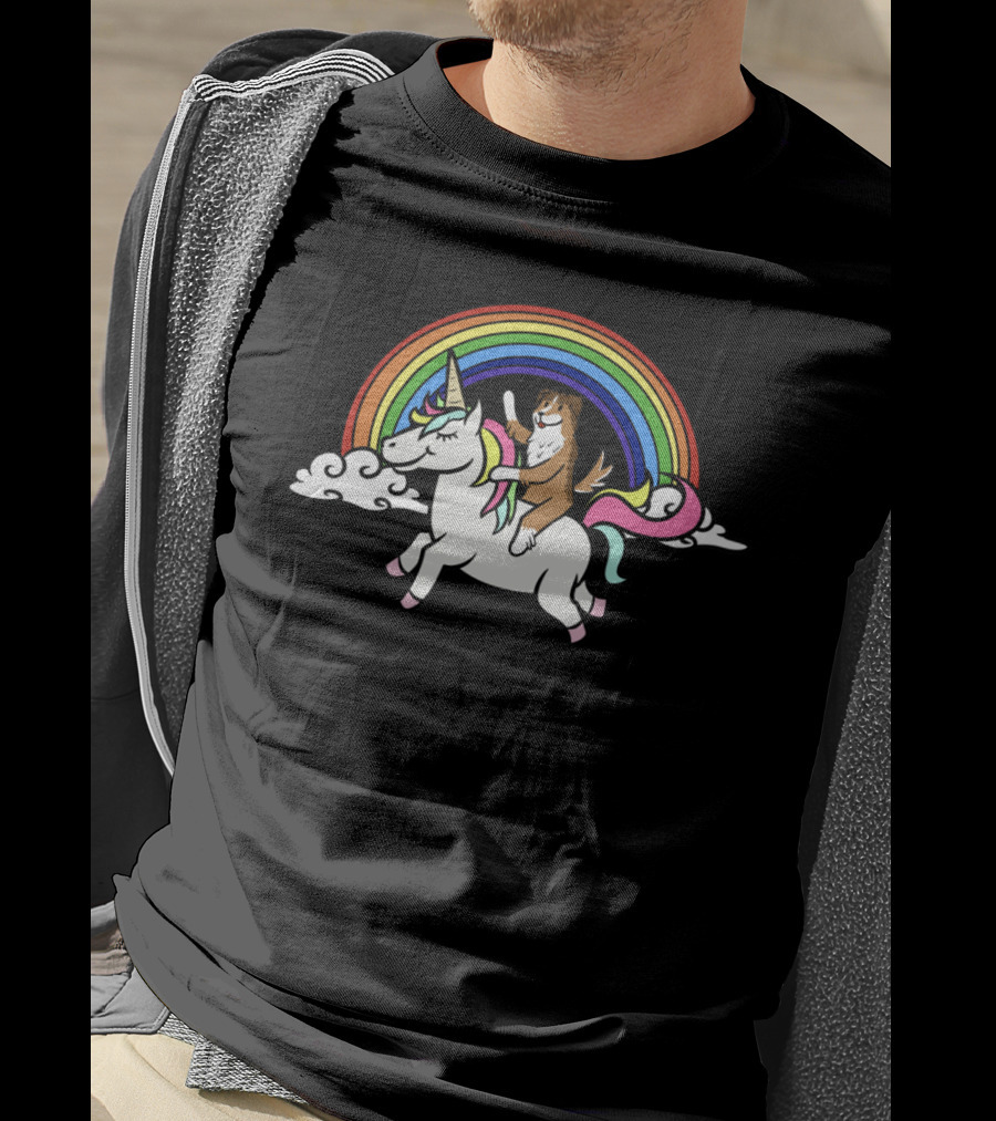 Sheltie Joyfully Riding Unicorn With Vibrant Rainbow T-Shirt
