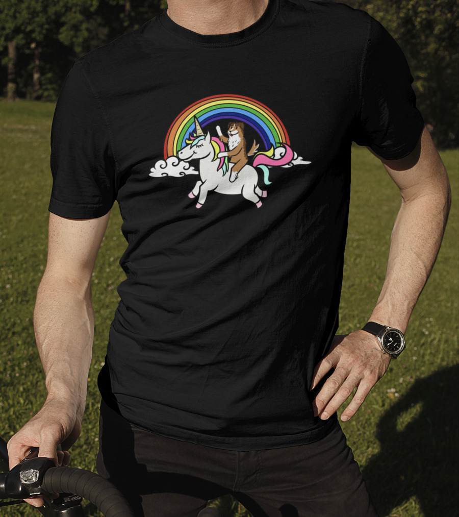 Sheltie Joyfully Riding Unicorn With Vibrant Rainbow T-Shirt