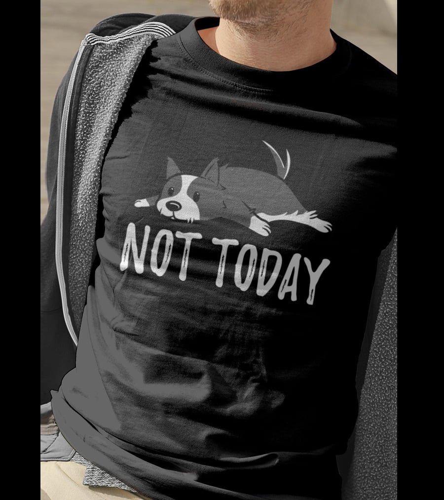BORDER COLLIE NOT TODAY Lazy Dog Lying Down Playful Mood T-Shirt