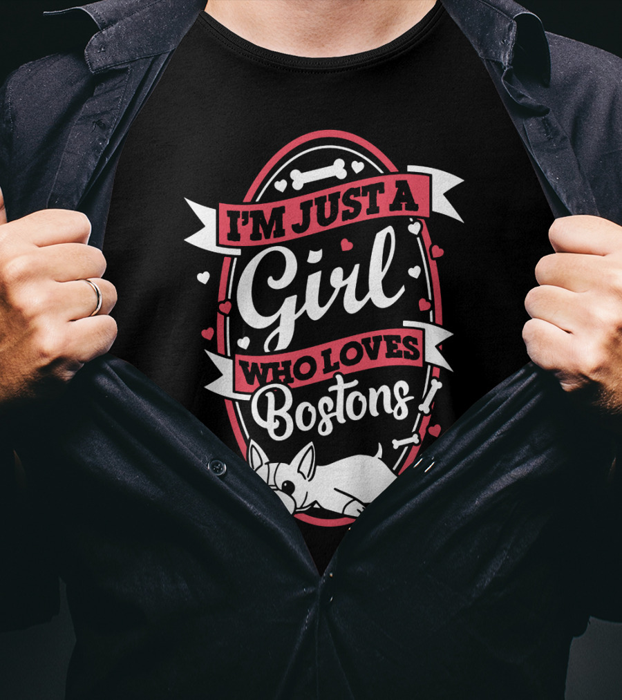 I'm Just A Girl Who Loves Bostons With Bones And Hearts Border T-Shirt