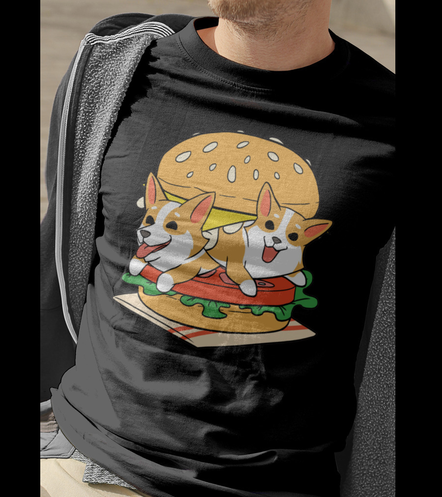 Corgi Burger Delight Double Pup Cheeseburger Fun T-Shirt