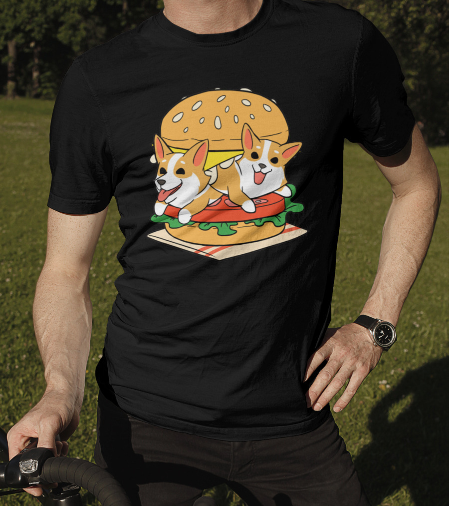Corgi Burger Delight Double Pup Cheeseburger Fun T-Shirt