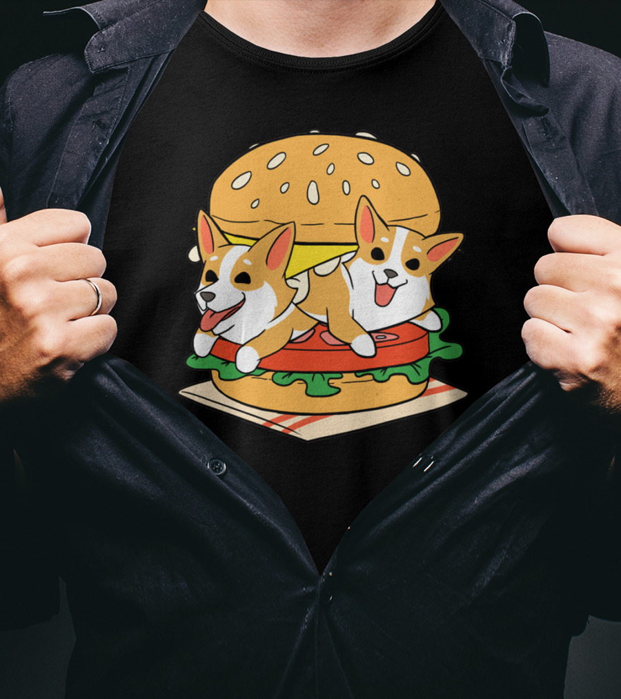 Corgi Burger Delight Double Pup Cheeseburger Fun T-Shirt
