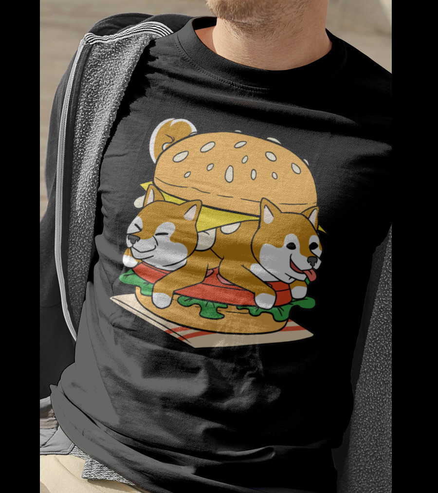 Shiba Inu Hamburger Parody With Cute Dog Duo Inside Cheeseburger Bun T-Shirt