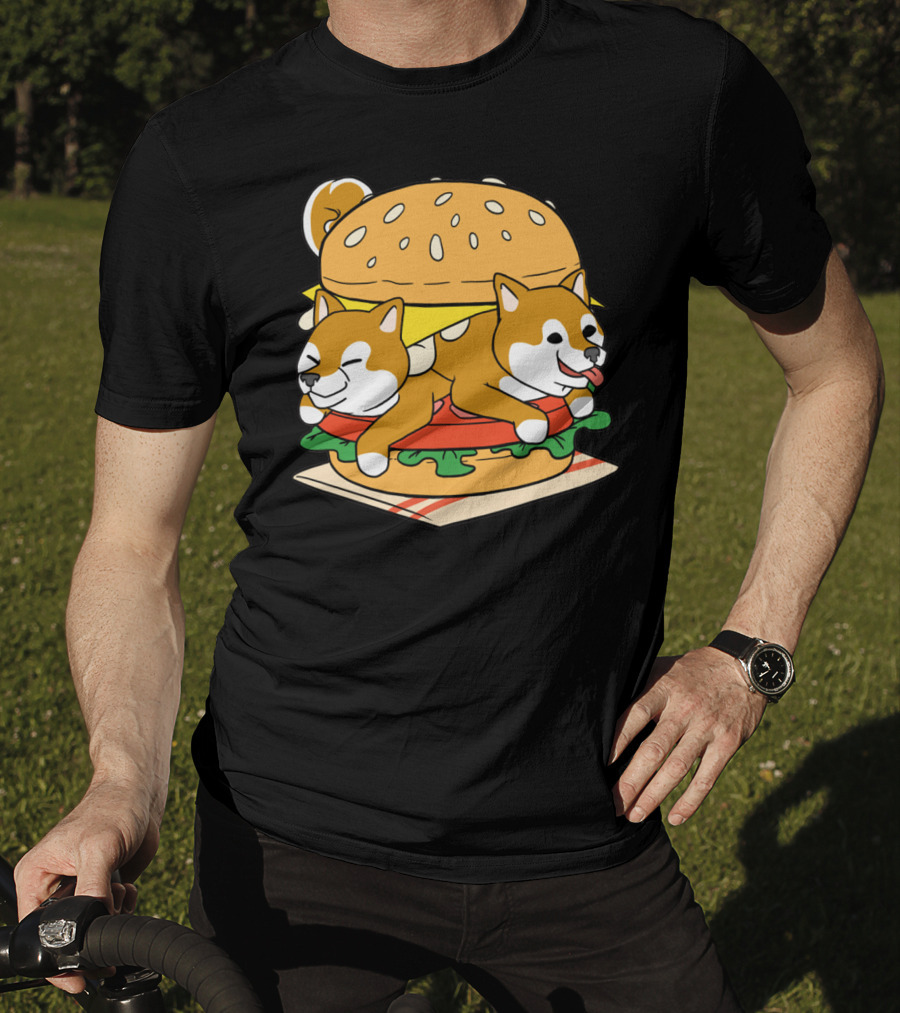 Shiba Inu Hamburger Parody With Cute Dog Duo Inside Cheeseburger Bun T-Shirt