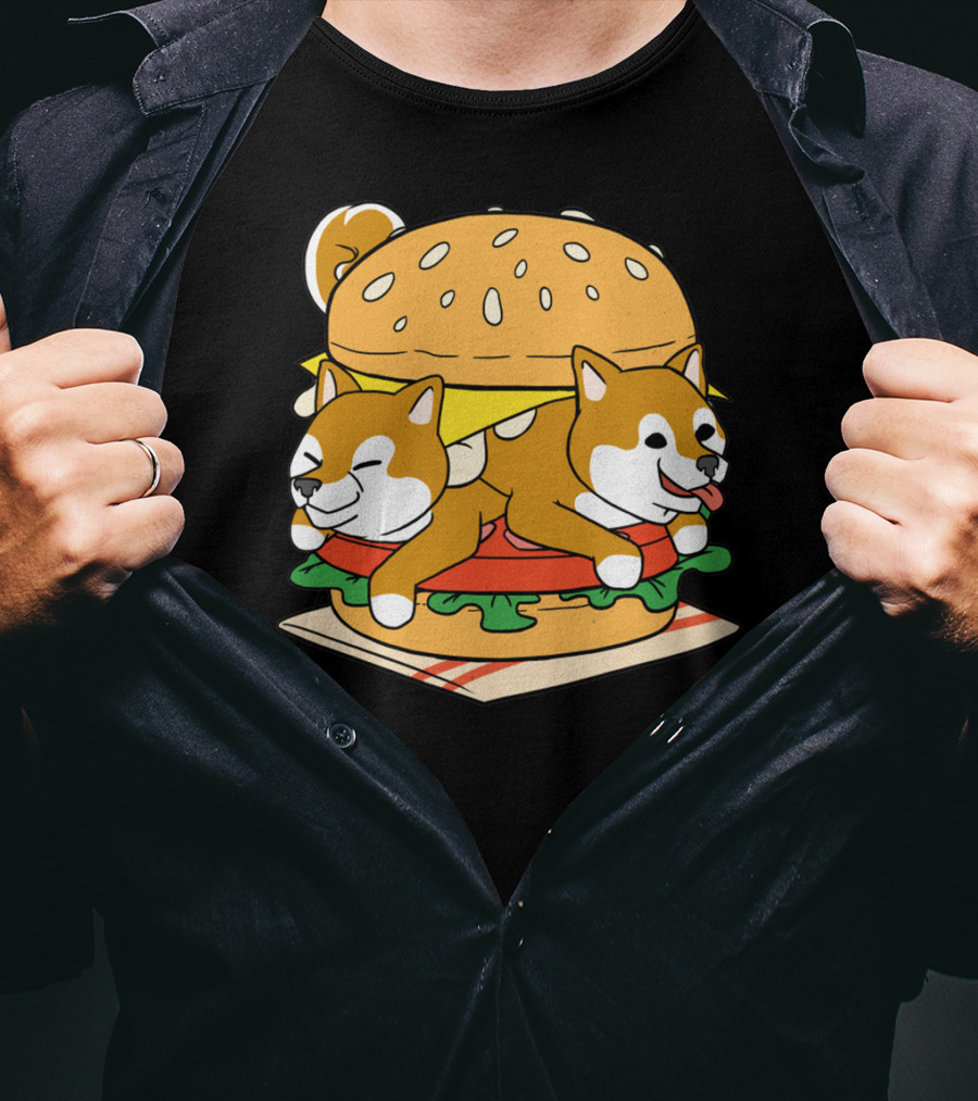 Shiba Inu Hamburger Parody With Cute Dog Duo Inside Cheeseburger Bun T-Shirt