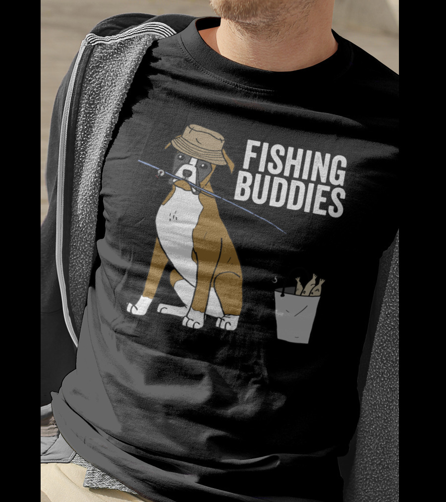 Boxer Dog Fishing Buddies Cartoon With Hat And Fishing Rod T-Shirt