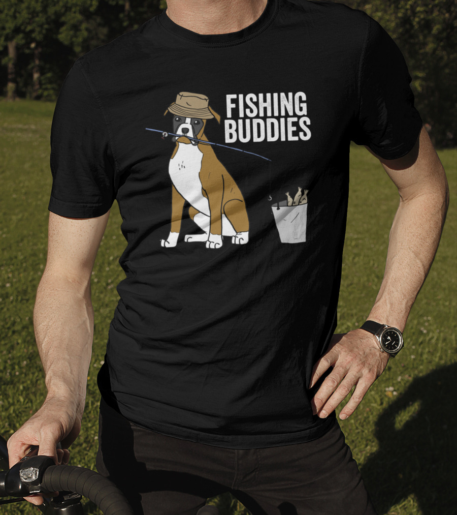 Boxer Dog Fishing Buddies Cartoon With Hat And Fishing Rod T-Shirt