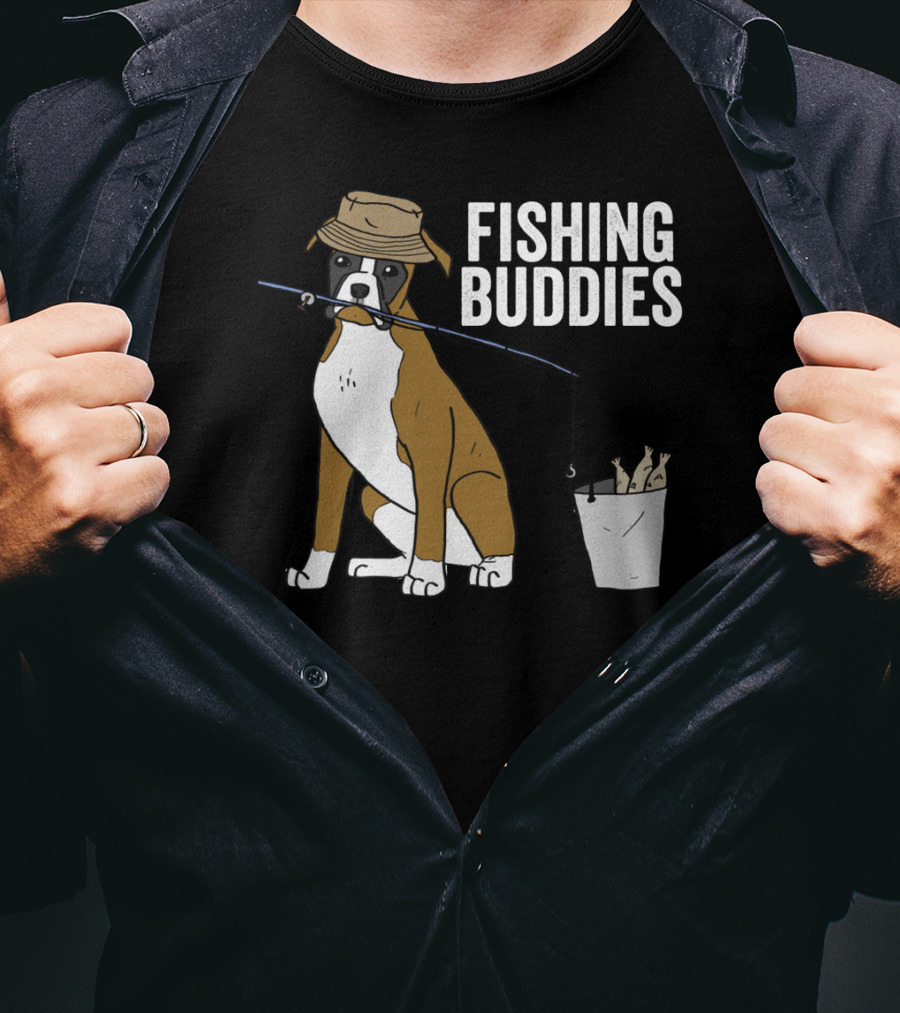 Boxer Dog Fishing Buddies Cartoon With Hat And Fishing Rod T-Shirt