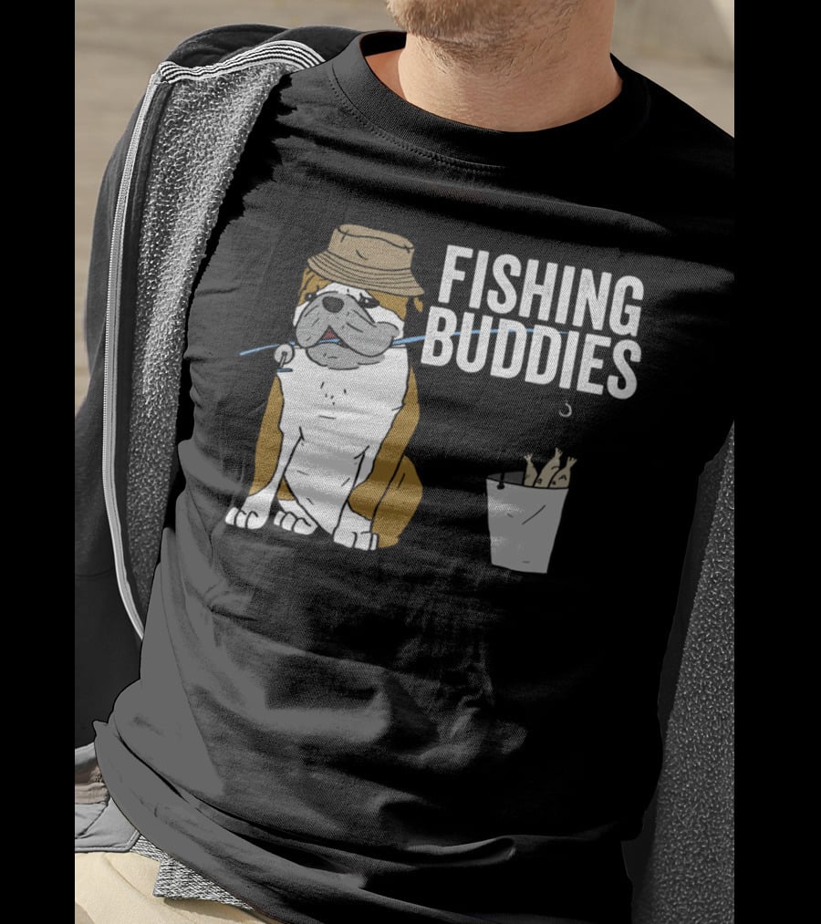 Bulldog Wearing Hat With Fishing Hook And Bucket - Fun Fishing Buddies T-Shirt