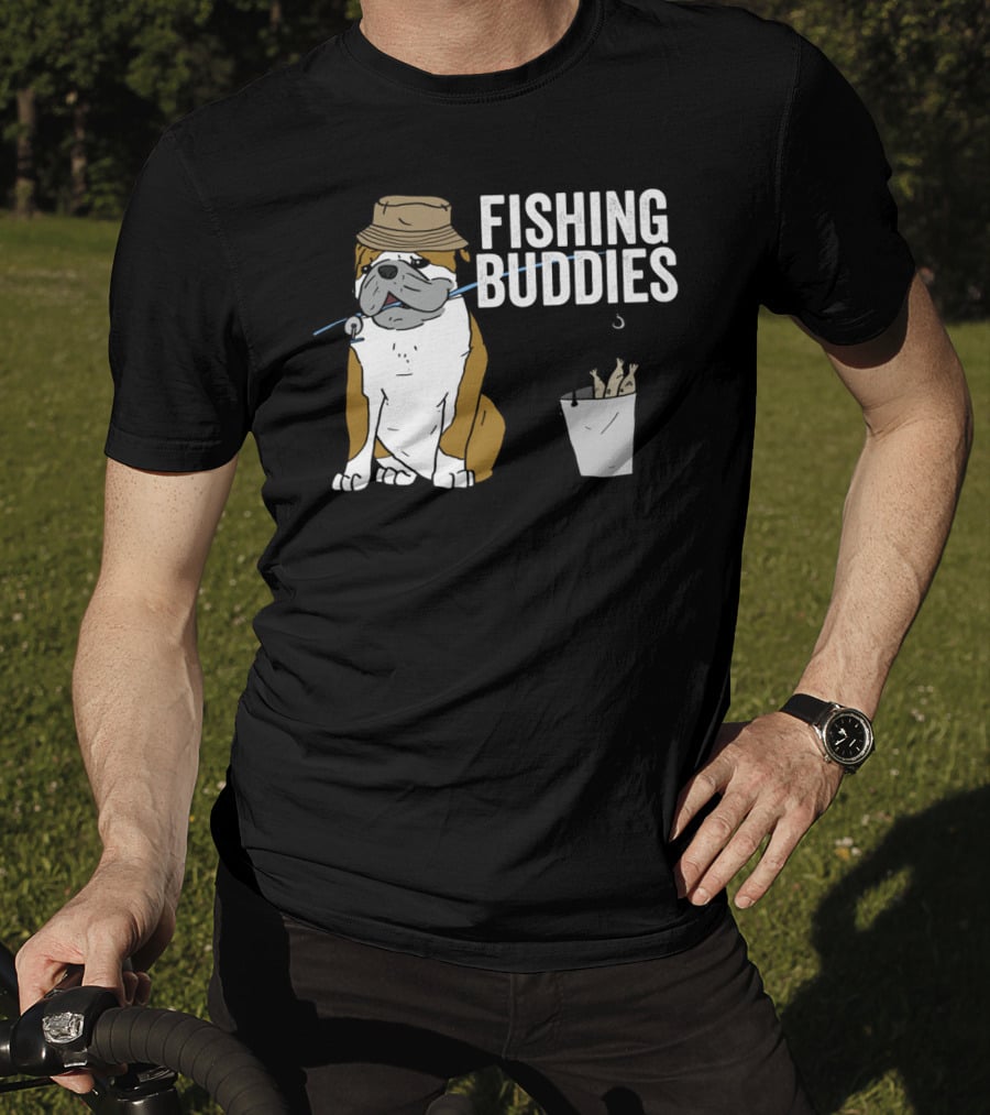Bulldog Wearing Hat With Fishing Hook And Bucket - Fun Fishing Buddies T-Shirt