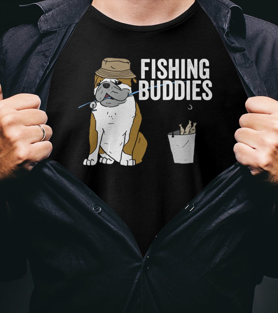 Bulldog Wearing Hat With Fishing Hook And Bucket - Fun Fishing Buddies T-Shirt