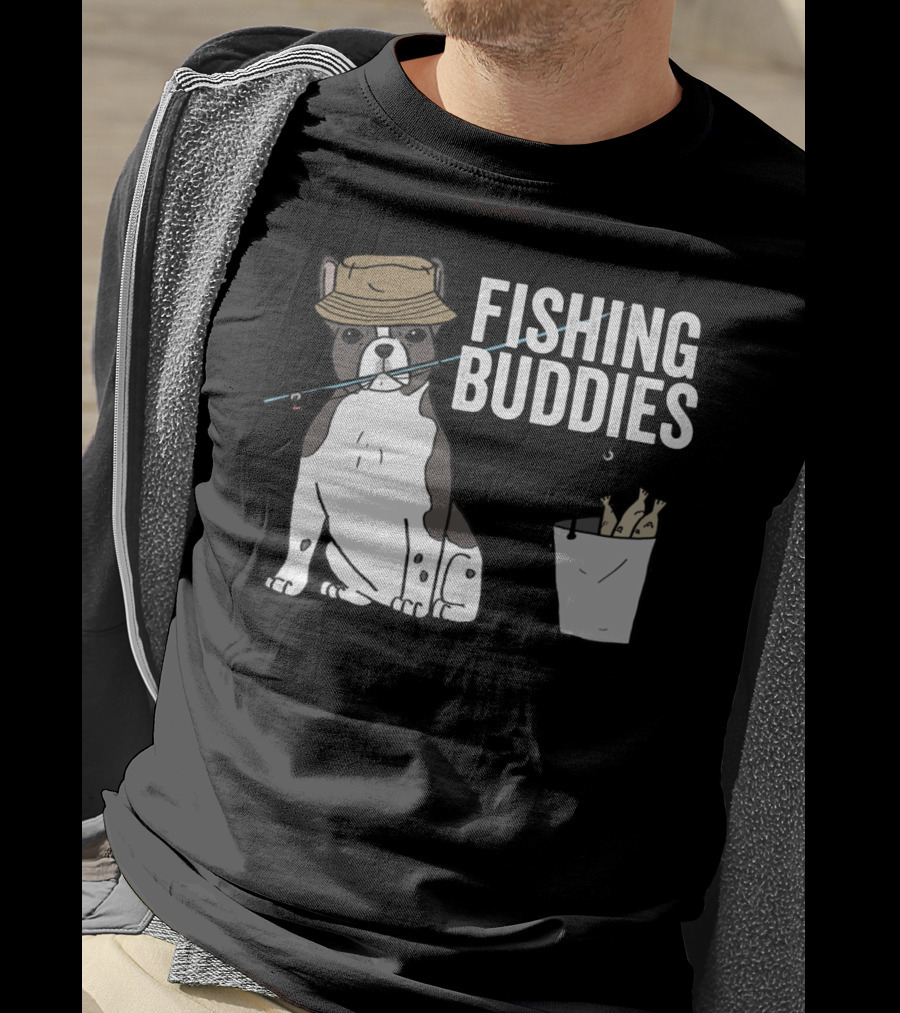 French Bulldog Fishing Buddies With Hat And Fish Bucket T-Shirt