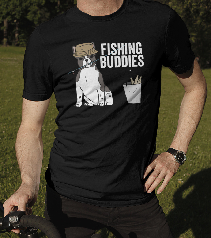 French Bulldog Fishing Buddies With Hat And Fish Bucket T-Shirt
