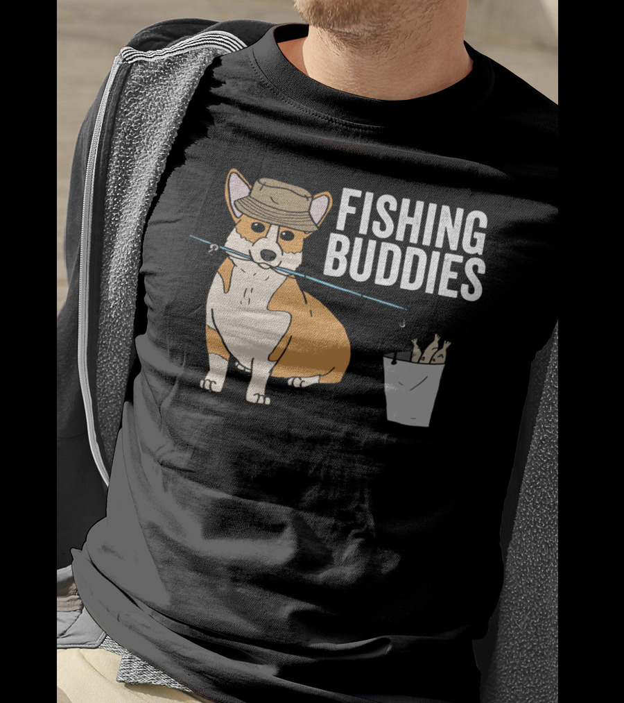 Fishing Buddies Corgi With Fishing Rod And Bucket Of Fish T-Shirt