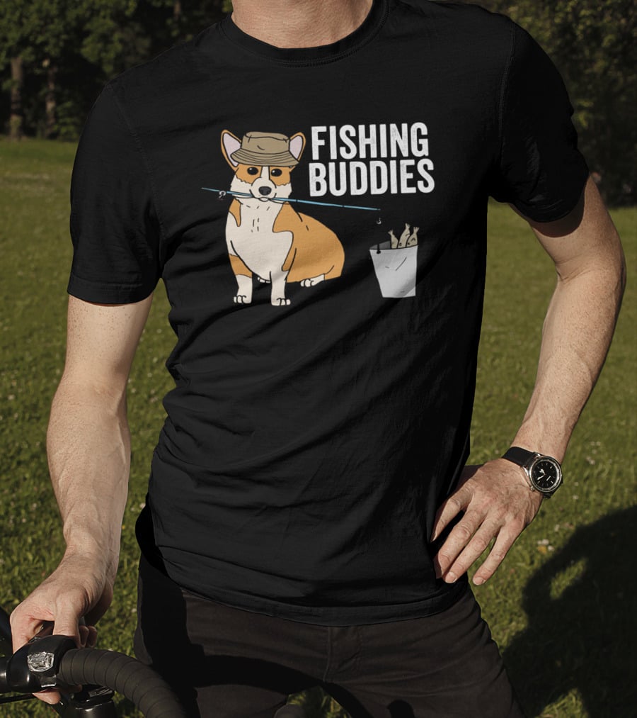 Fishing Buddies Corgi With Fishing Rod And Bucket Of Fish T-Shirt