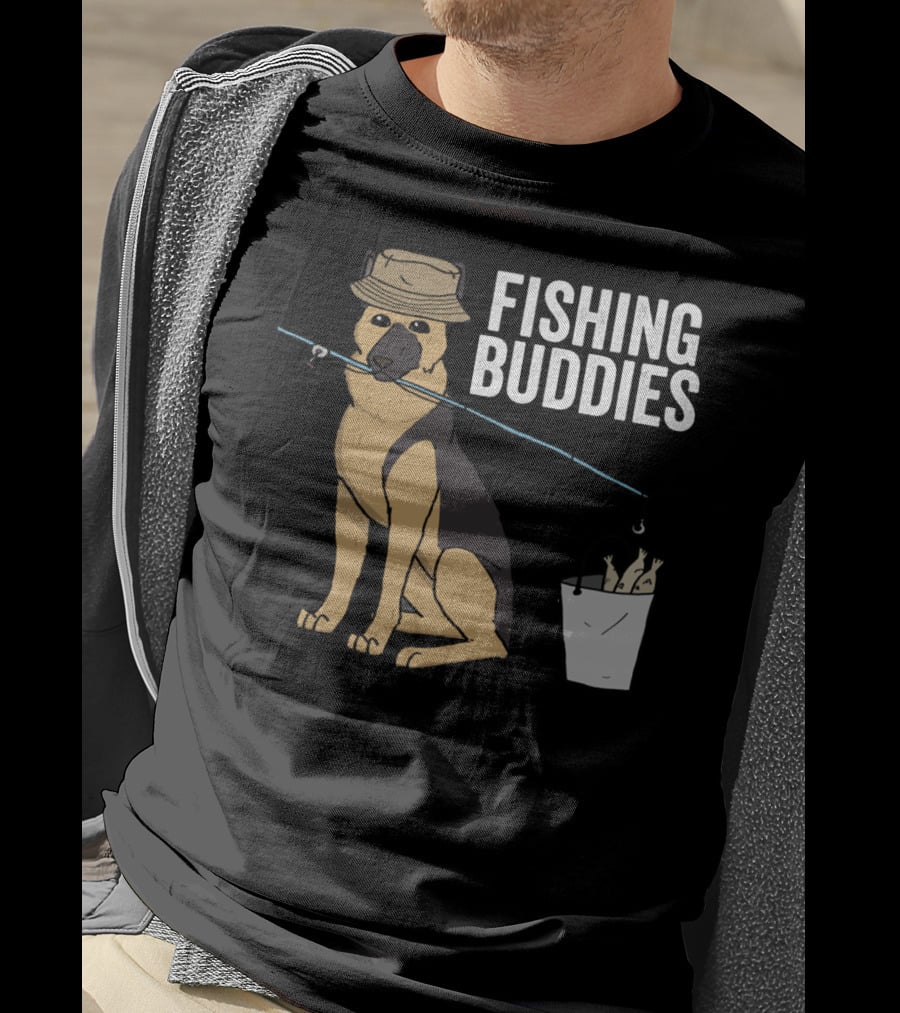 Fishing Buddies German Shepherd Bucket And Fishing Rod T-Shirt