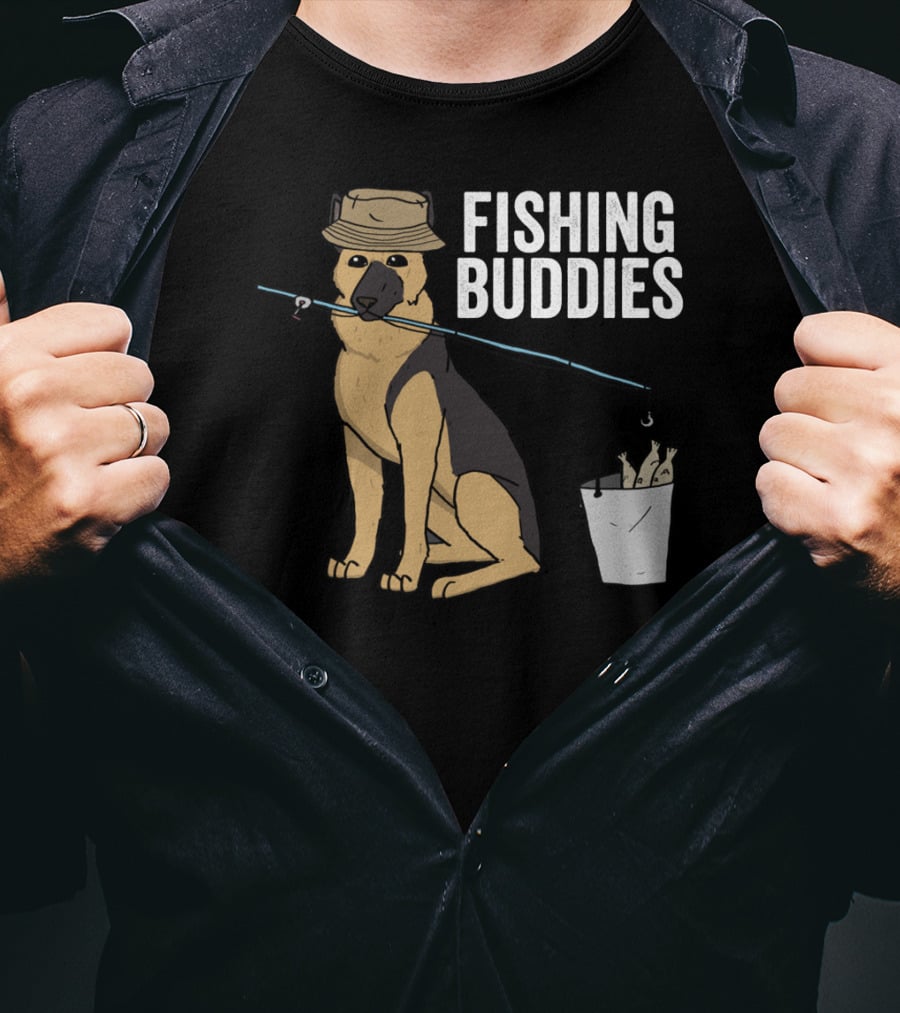 Fishing Buddies German Shepherd Bucket And Fishing Rod T-Shirt