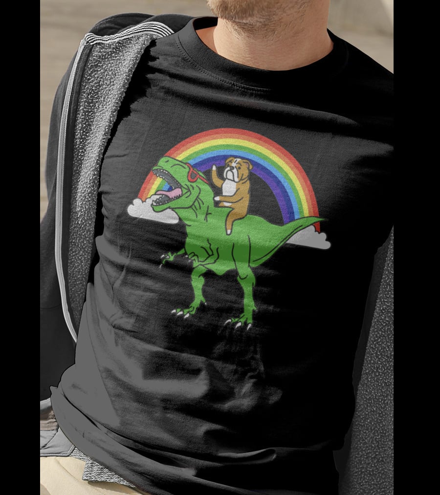 Bulldog Riding T-Rex With Rainbow And Sunglasses T-Shirt