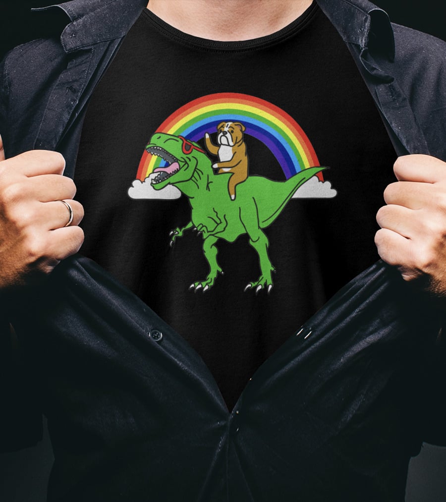 Bulldog Riding T-Rex With Rainbow And Sunglasses T-Shirt