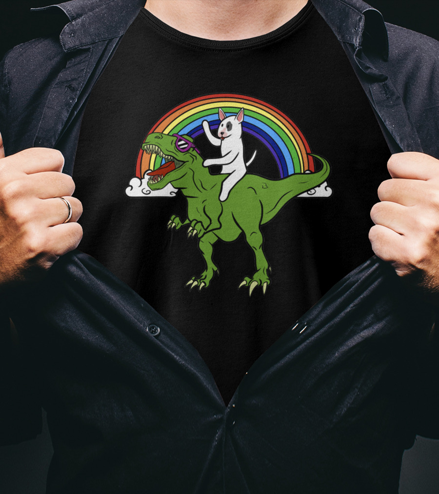 Bully Dinosaur Cat Riding T-Rex Rainbow Adventure T-Shirt