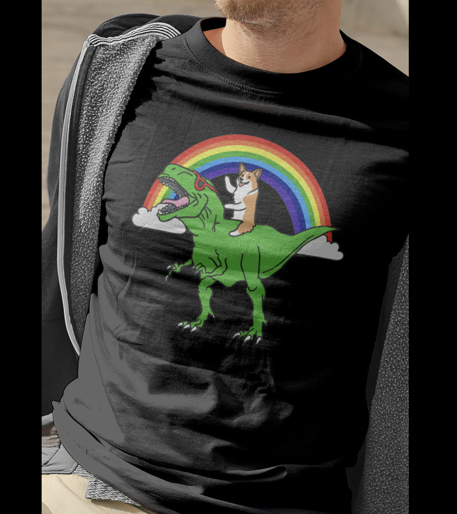 Corgi Dinosaur Riding T-Rex With Rainbow And Sunglasses T-Shirt