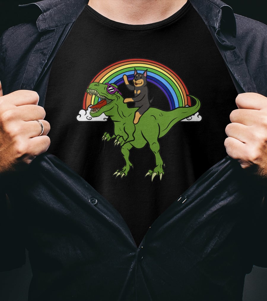 Rainbow-Riding Doberman Dinosaur Adventure T-Shirt