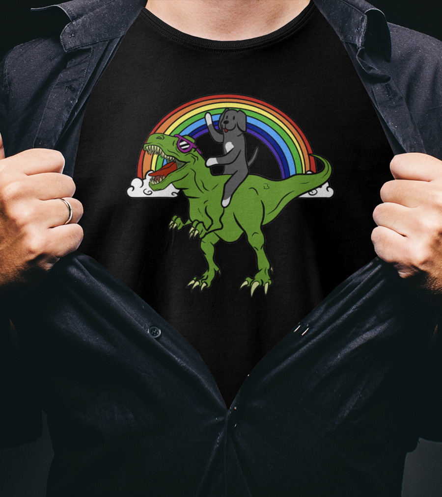 Great Dane Riding Dinosaur T-Rex With Rainbow Glasses T-Shirt