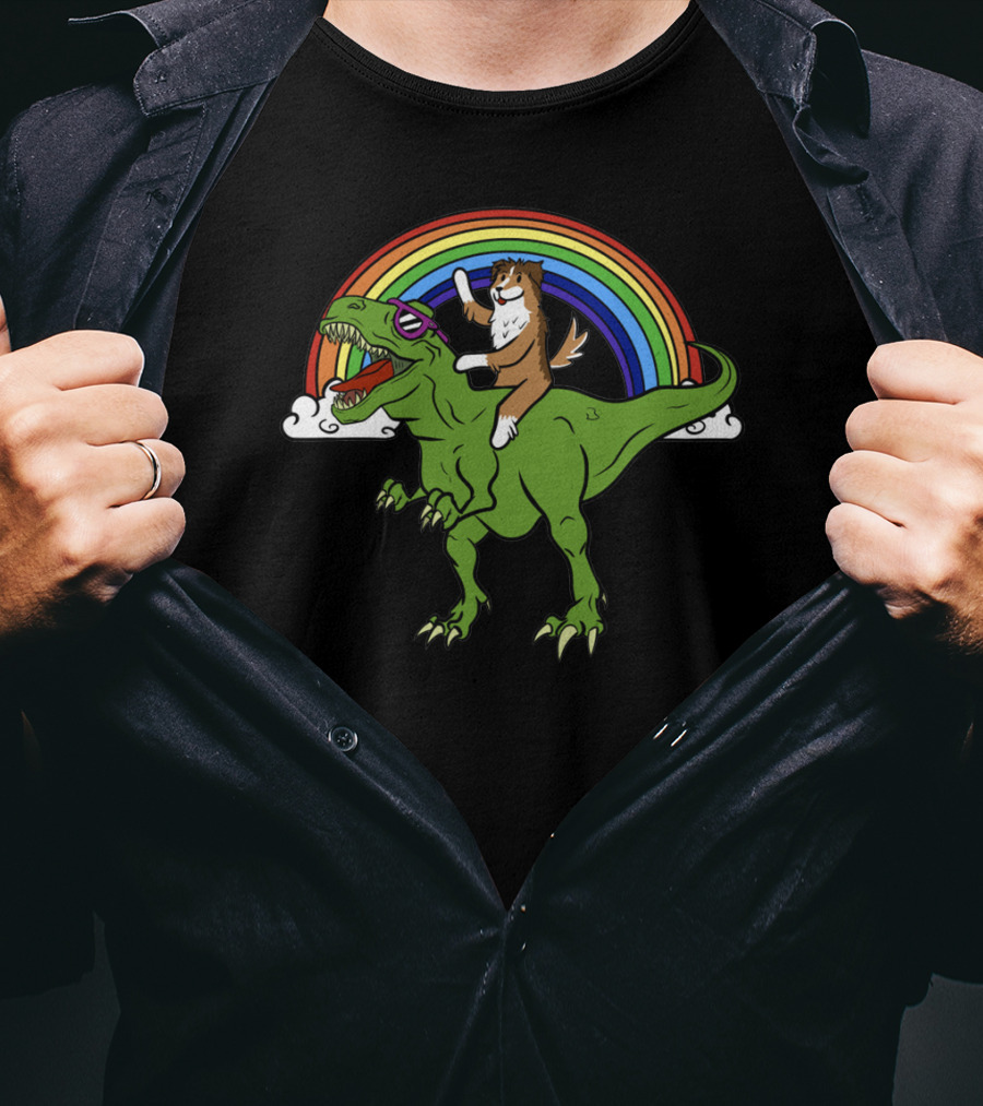 Sheltie Riding Dinosaur T-Shirt