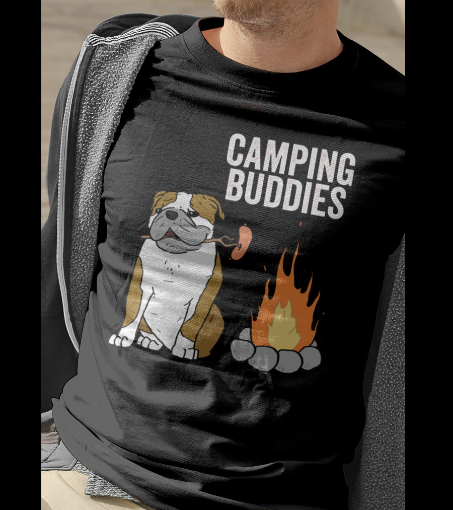 Bulldog Enjoying Campfire With Sausage And Camping Buddies T-Shirt