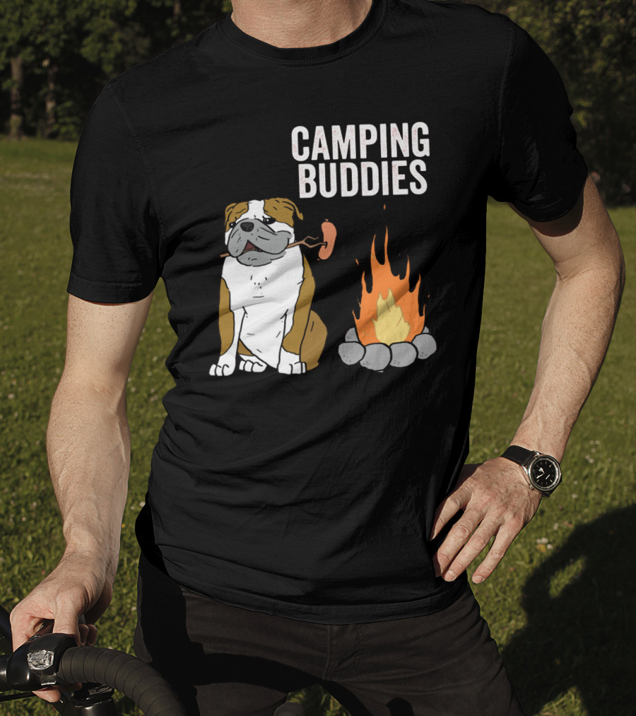 Bulldog Enjoying Campfire With Sausage And Camping Buddies T-Shirt