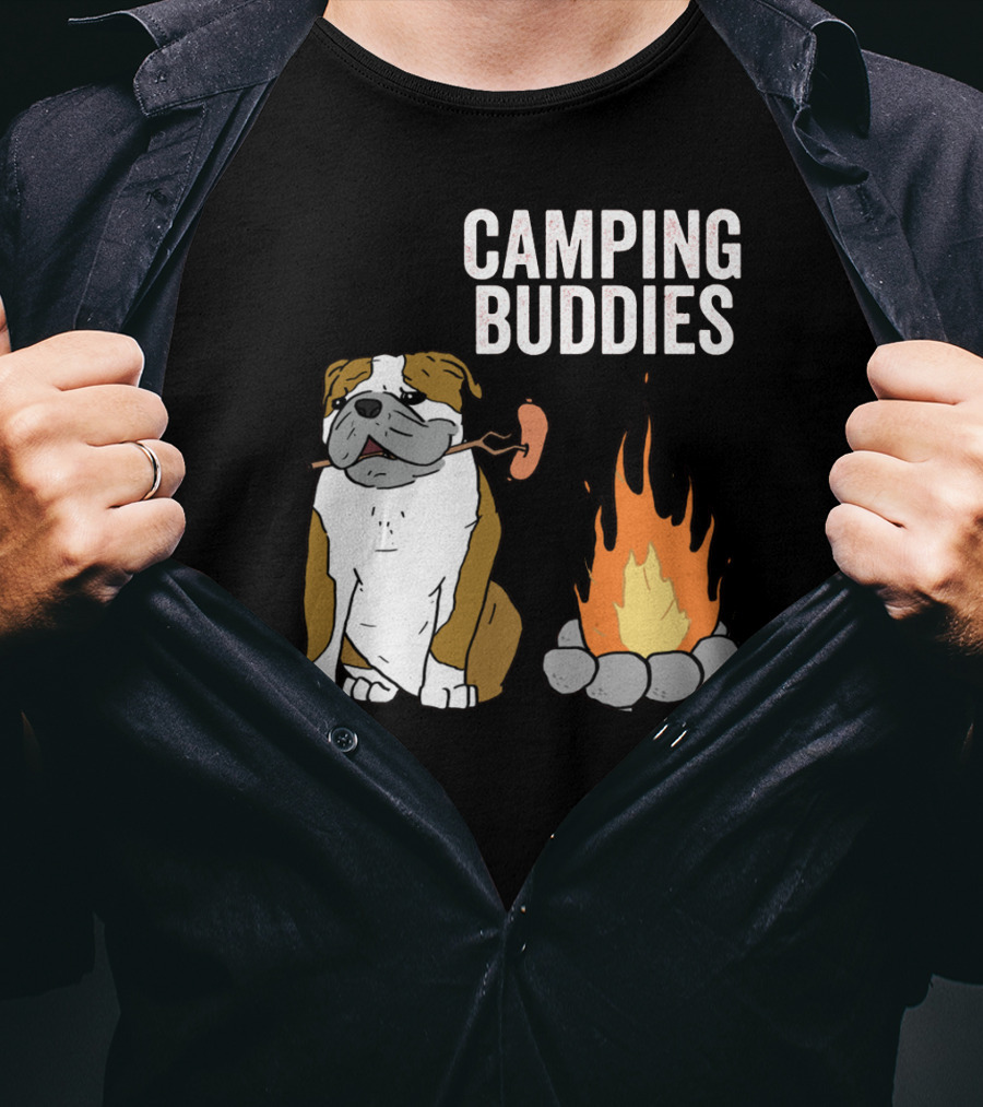 Bulldog Enjoying Campfire With Sausage And Camping Buddies T-Shirt