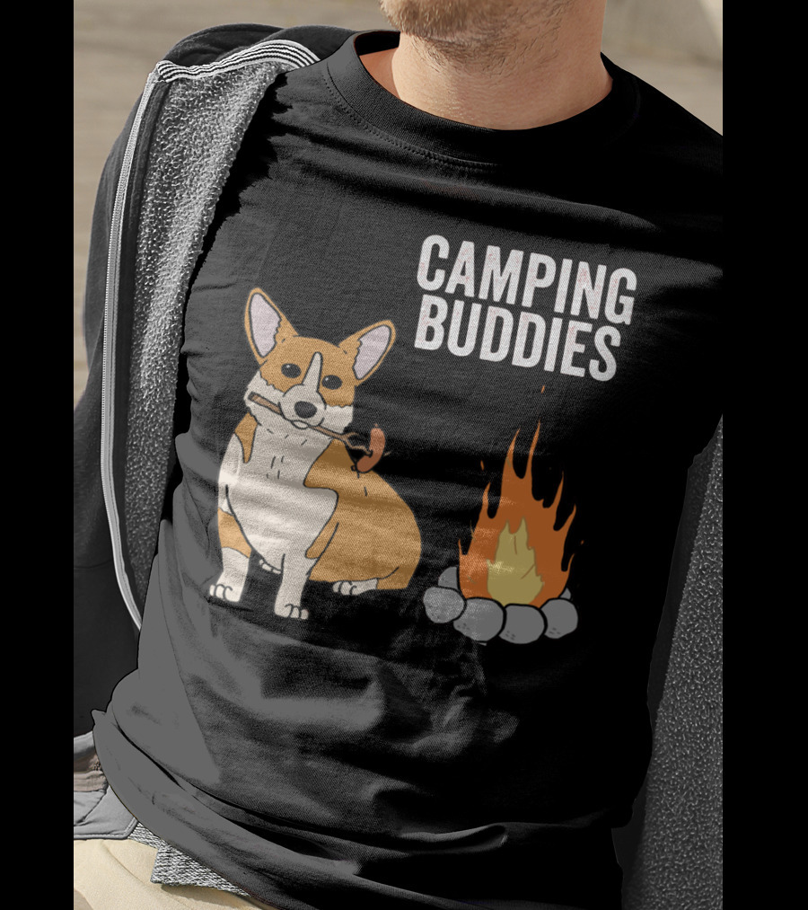 Corgi Roasting Marshmallow By Campfire - Camping Buddies Adventure T-Shirt