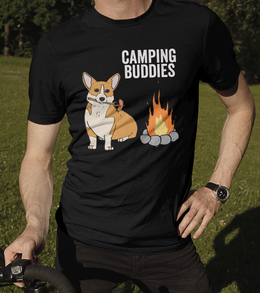 Corgi Roasting Marshmallow By Campfire - Camping Buddies Adventure T-Shirt
