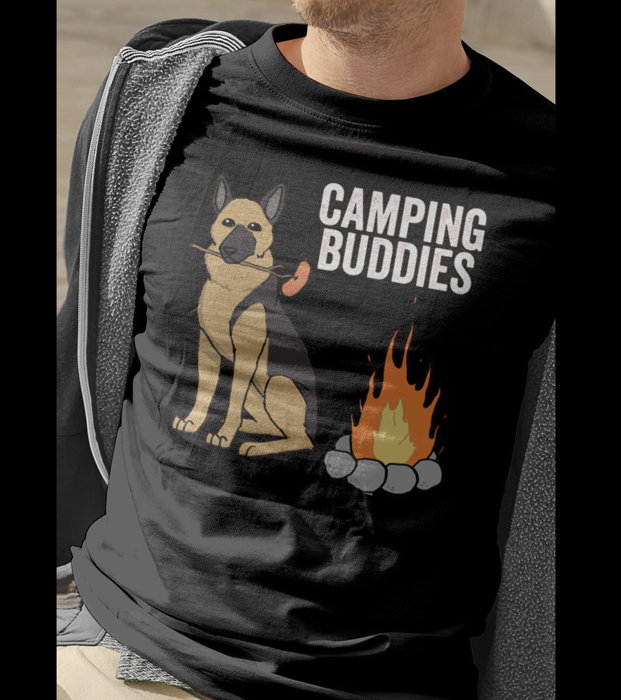 Camping Buddies German Shepherd Roasting By Campfire T-Shirt